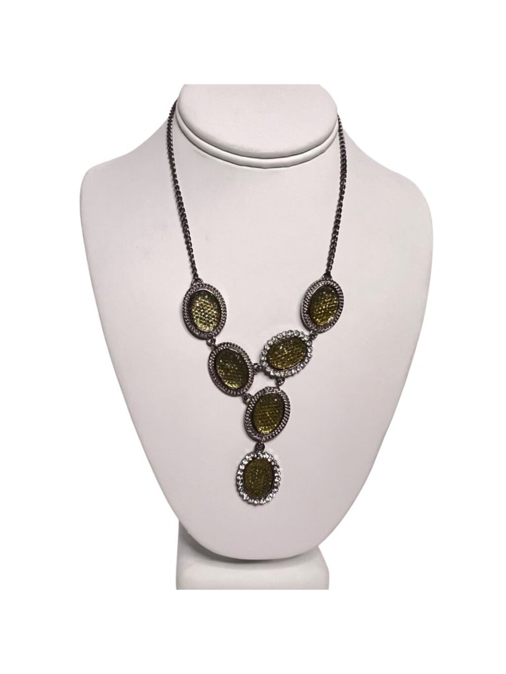 Stein Blye Dark Silver Tone With Green Resin Ovals Statement Necklace (6332)